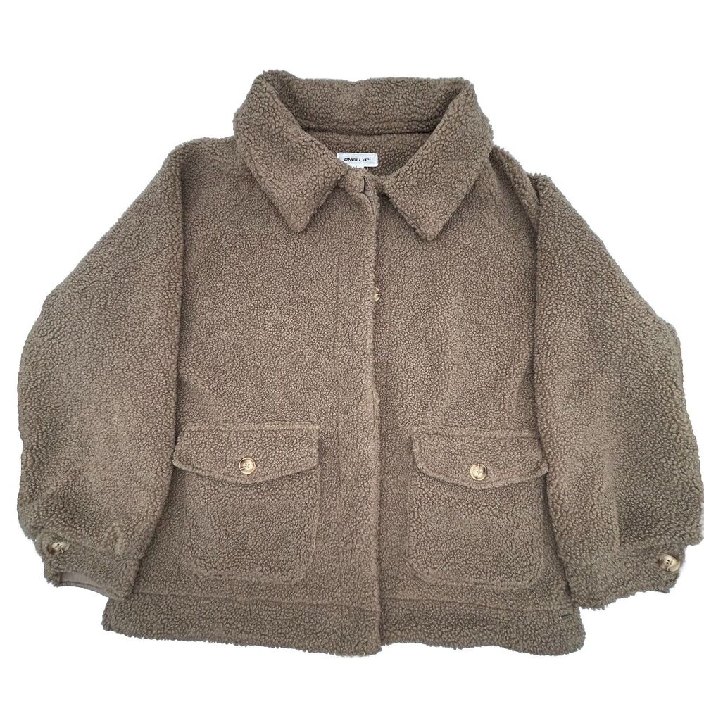 ONEILL Jacket Women's Large Brown Button Up Collared Sherpa Pockets Coat